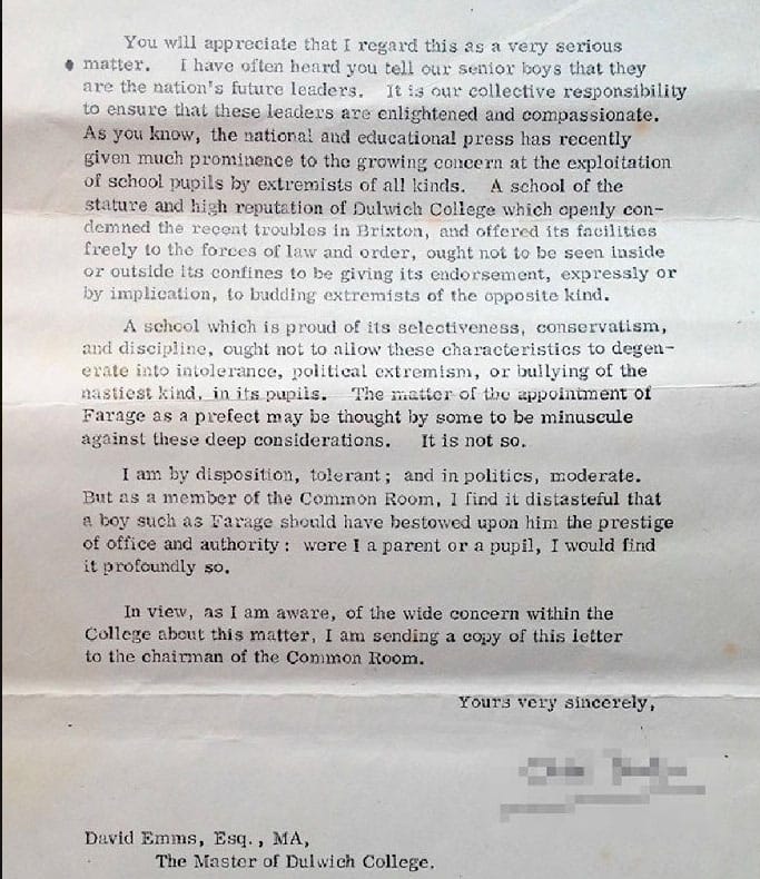 Farage School letter